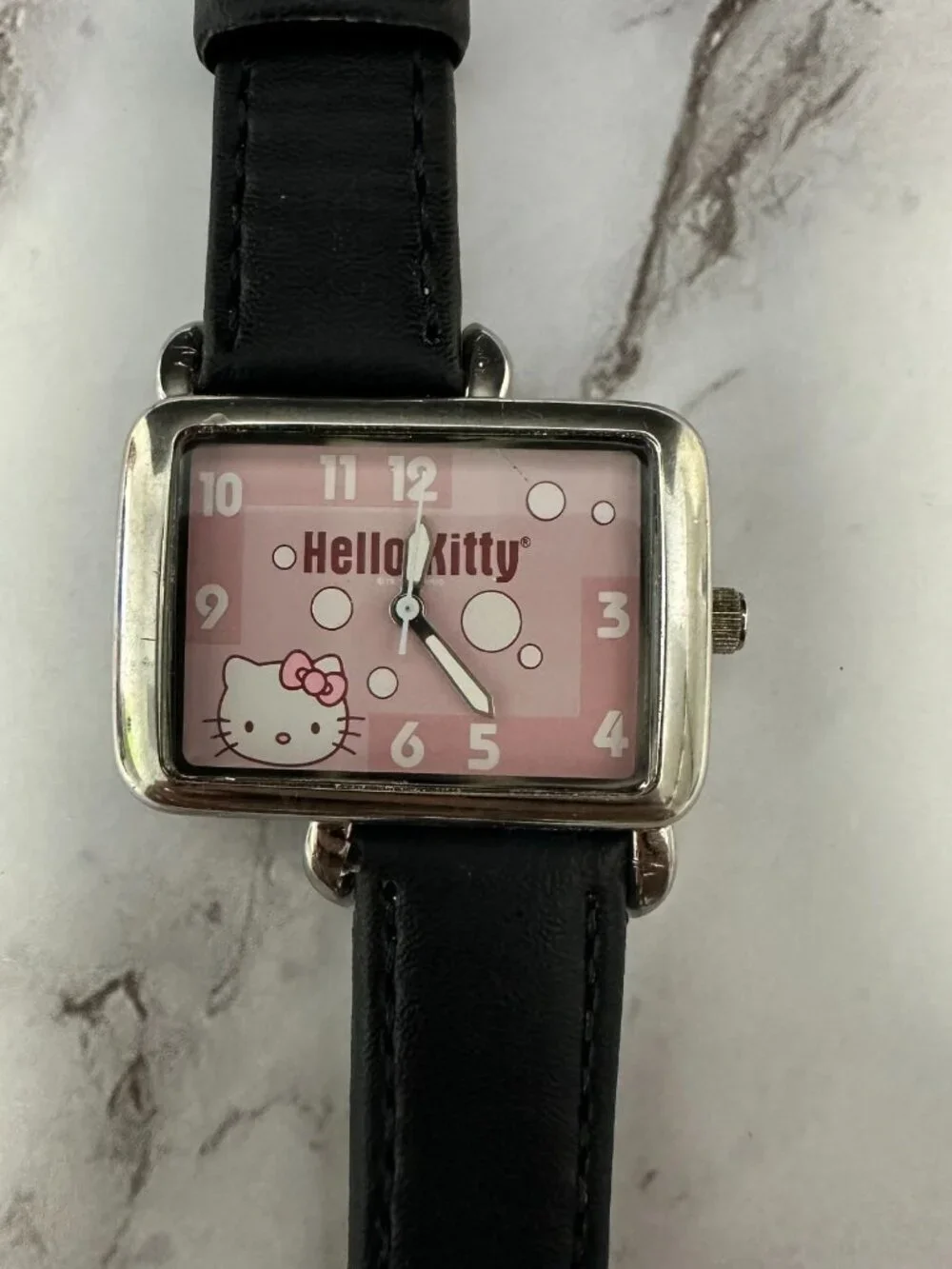 Hello Kitty Watch Women Silver Tone Square Case Leather Band New Battery 9